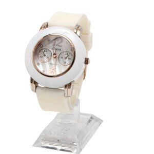 Geneva Quartz Mother of Pearl Face Watch Silicone Rhinestones Large Gold Cream